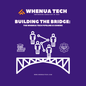 Illustration of a symbolic bridge connecting people, books, and gears, representing Whenua Tech’s upcoming talent pipeline for rangatahi in tech.