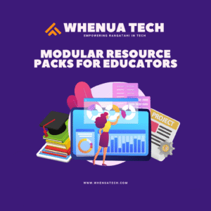 Illustration of a teacher interacting with digital learning tools, books, and a project brief, representing Whenua Tech’s modular resource packs for educators.
