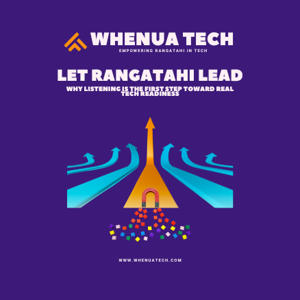 Illustration of a bold orange path splitting through blue waves, symbolising rangatahi leadership, innovation, and future-focused tech pathways.