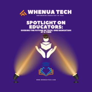 A stylised digital illustration spotlighting an educator figure holding a graduate, symbolising the central role educators play in shaping tech futures for rangatahi.