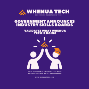 Two stylised figures celebrating under the Whenua Tech logo, with the message “Government Announces Industry Skills Boards, Validates What Whenua Tech Is Doing,” symbolising unity, progress, and validation of Whenua Tech's mahi in the tech education space.